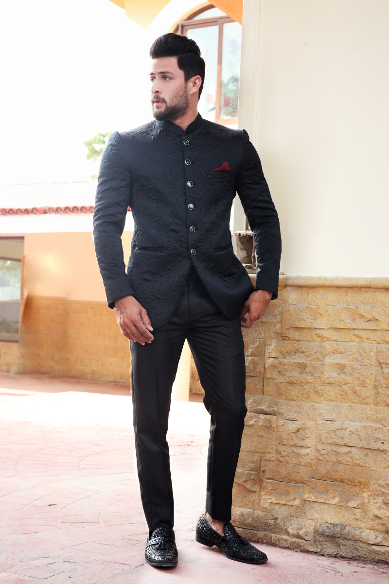 Black Jacquard Wool-Blend Prince Coat (2-Piece) - Image 1