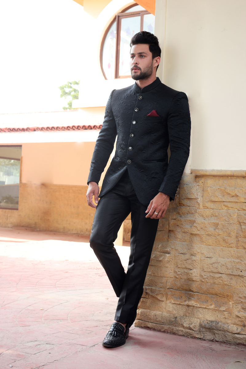 Black Jacquard Wool-Blend Prince Coat (2-Piece) - Image 3