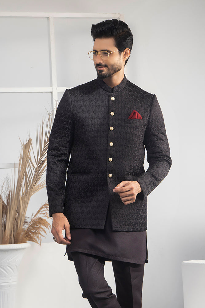 Black Jacquard Wool Blend Prince Coat (1-Pc) - Image 1