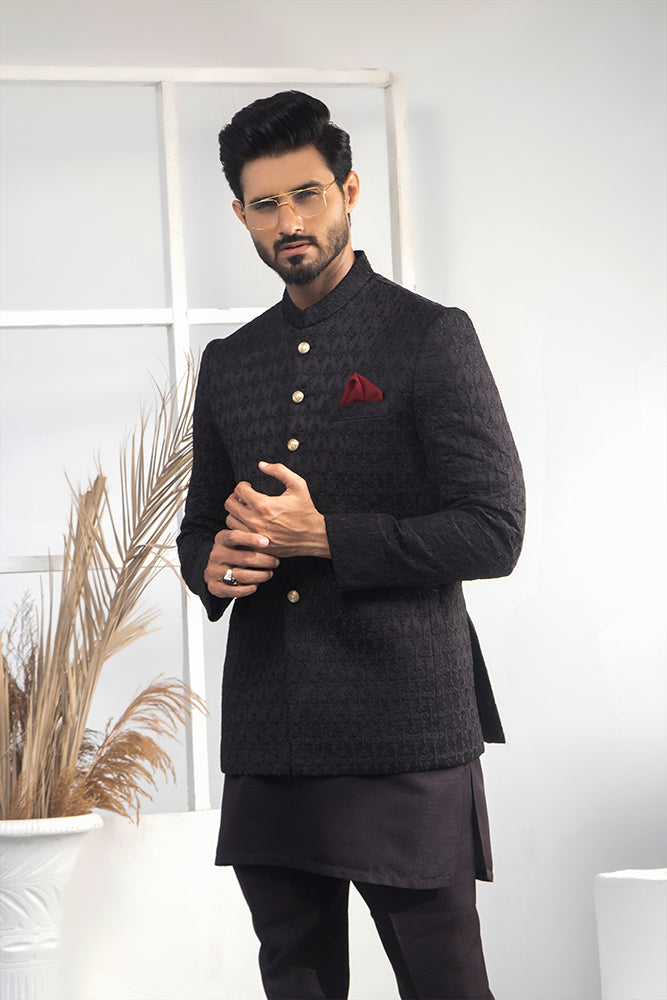 Black Jacquard Wool Blend Prince Coat (1-Pc) - Image 2