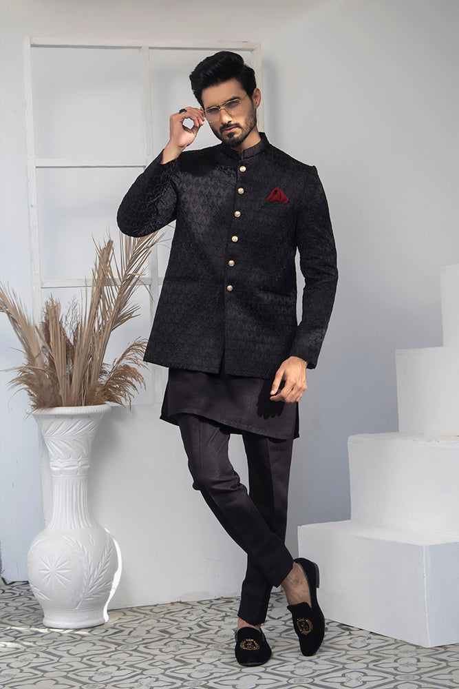 Black Jacquard Wool Blend Prince Coat (1-Pc) - Image 3