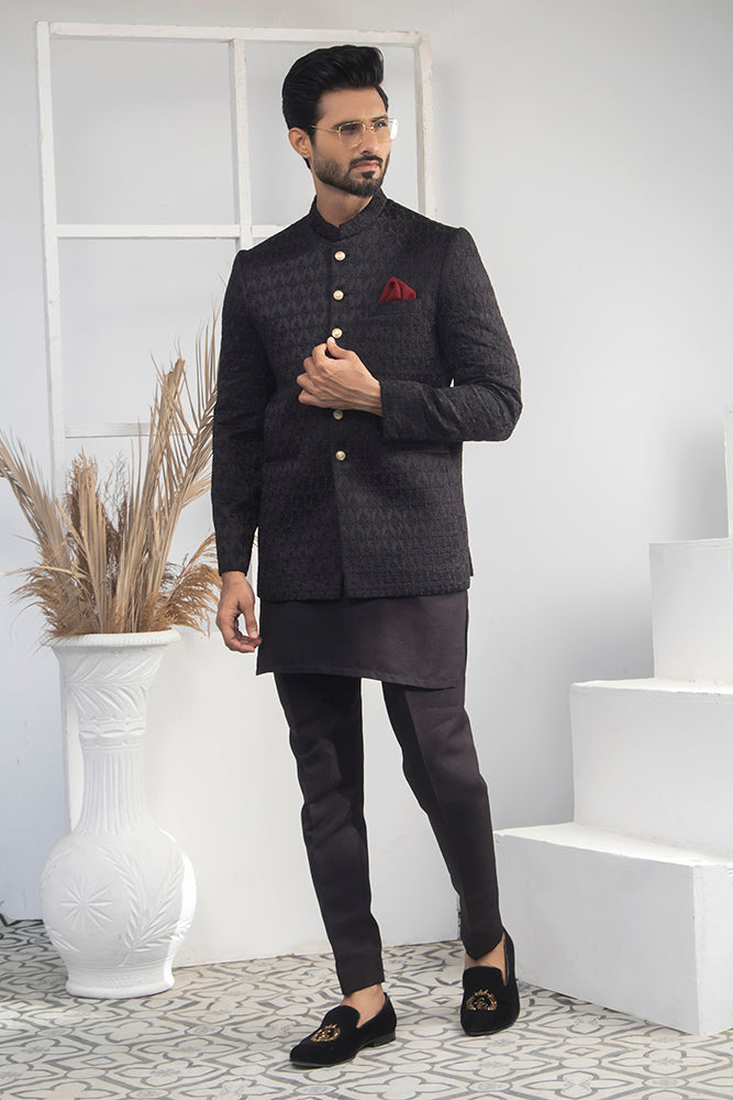 Black Jacquard Wool Blend Prince Coat (1-Pc) - Image 4