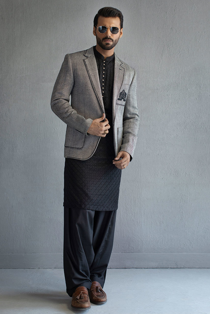 Black and White Wool Embroidered Prince Coat (1-Pc) - Image 1