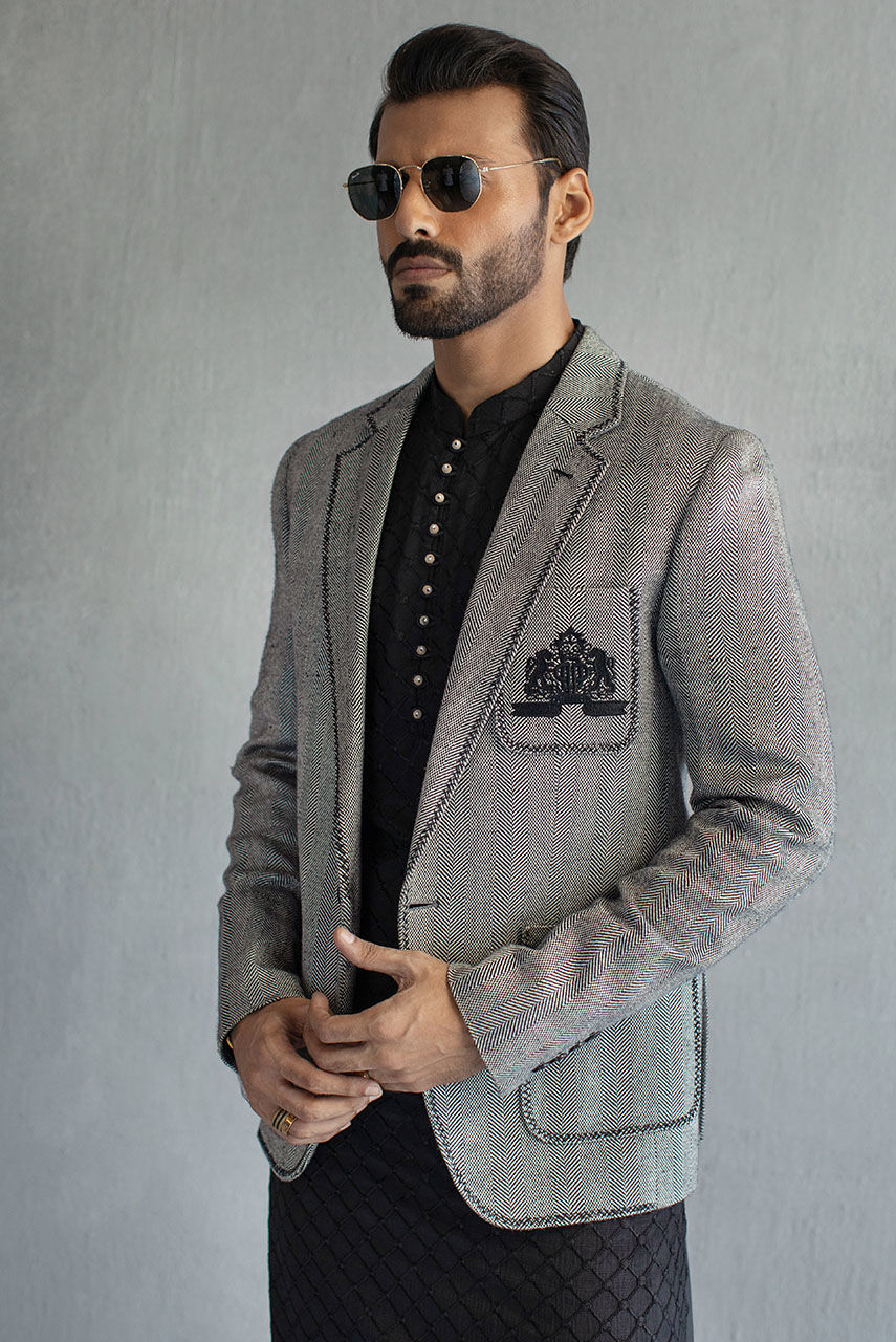 Black and White Wool Embroidered Prince Coat (1-Pc) - Image 2