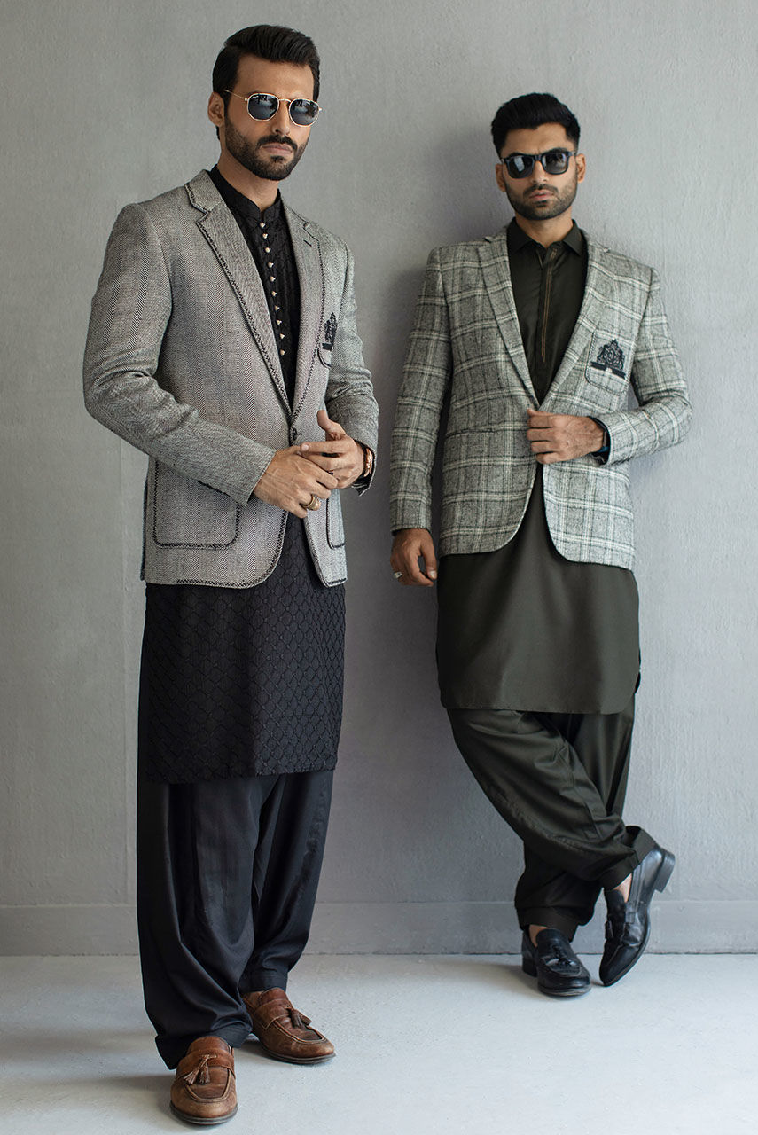 Black and White Wool Embroidered Prince Coat (1-Pc) - Image 3