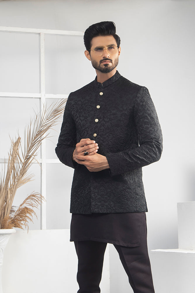 Black Jacquard Pure Wool Prince Coat (1-Pc) - Image 1