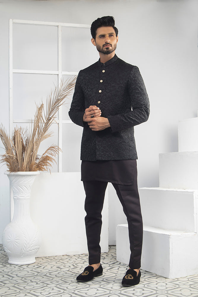Black Jacquard Pure Wool Prince Coat (1-Pc) - Image 2