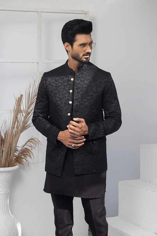 Black Jacquard Pure Wool Prince Coat (1-Pc) - Image 3