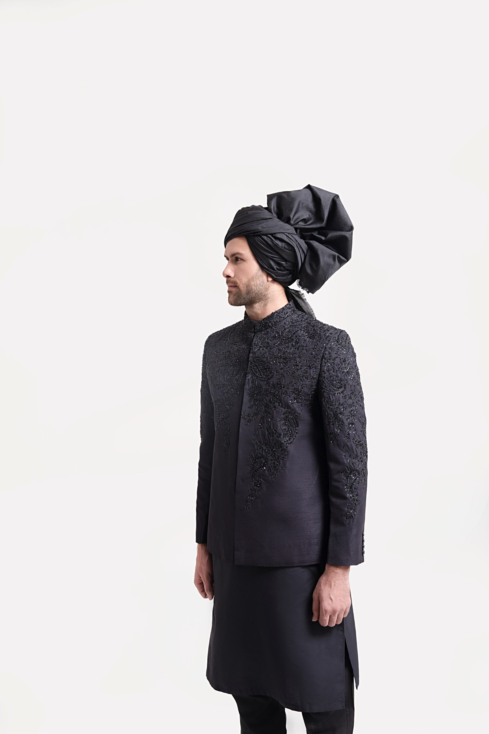 Black Hand-Embroidered Wool-Silk Prince Coat (1-Pc) - Image 1