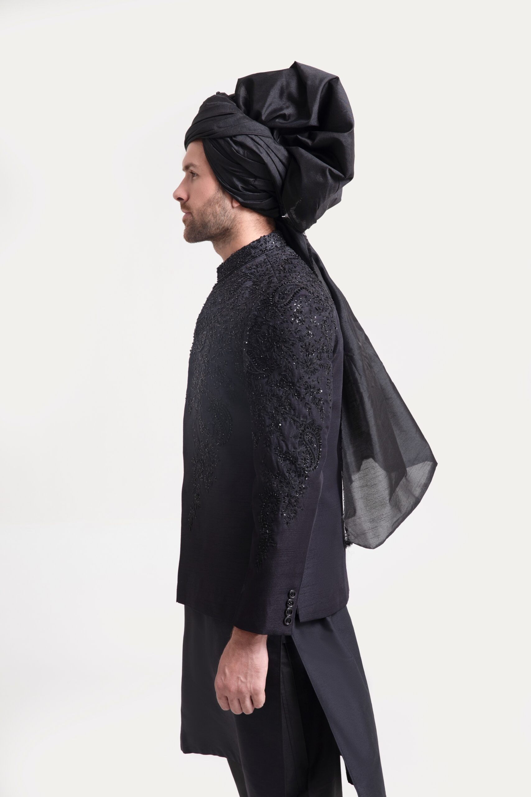 Black Hand-Embroidered Wool-Silk Prince Coat (1-Pc) - Image 2