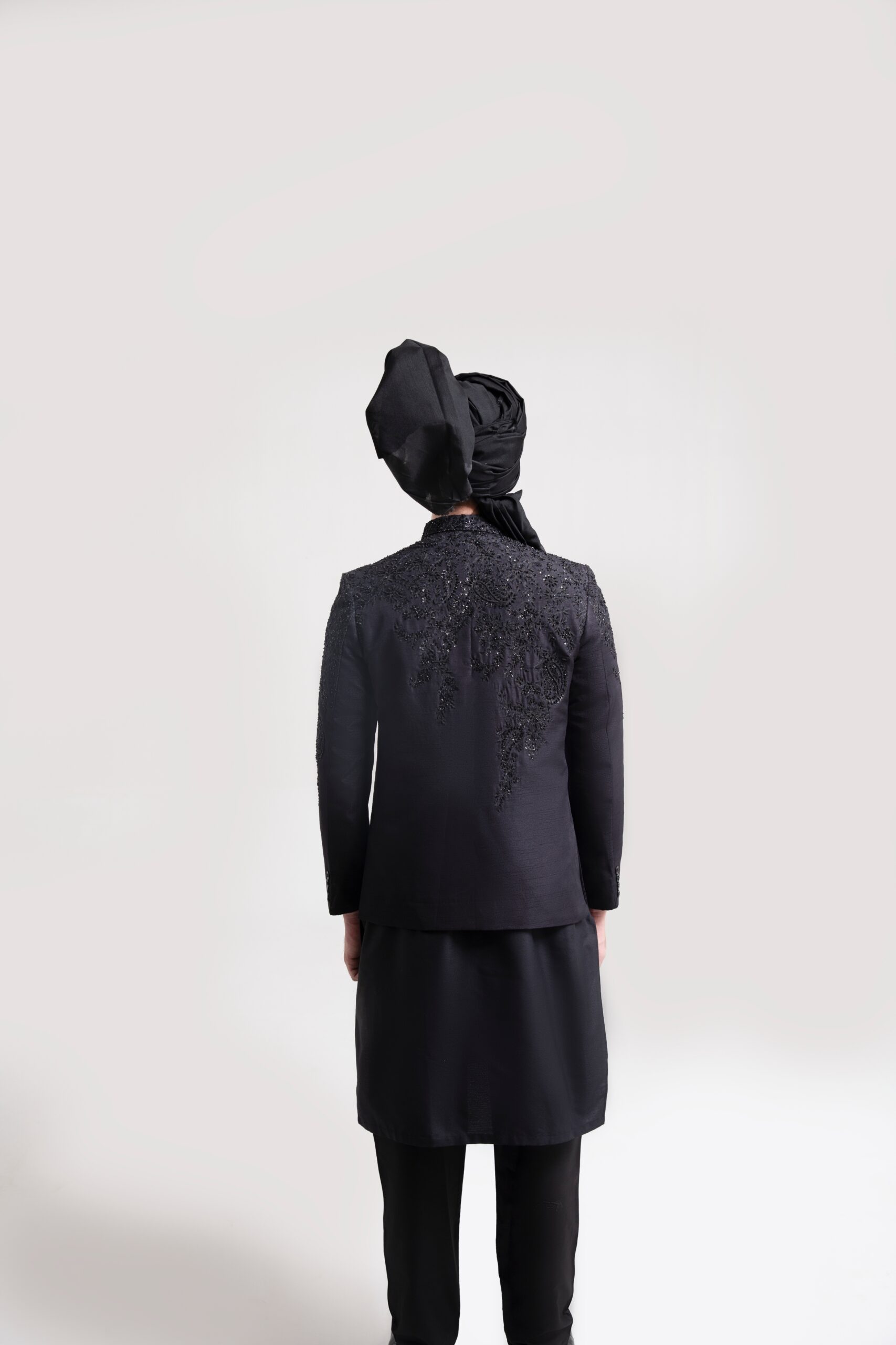 Black Hand-Embroidered Wool-Silk Prince Coat (1-Pc) - Image 3
