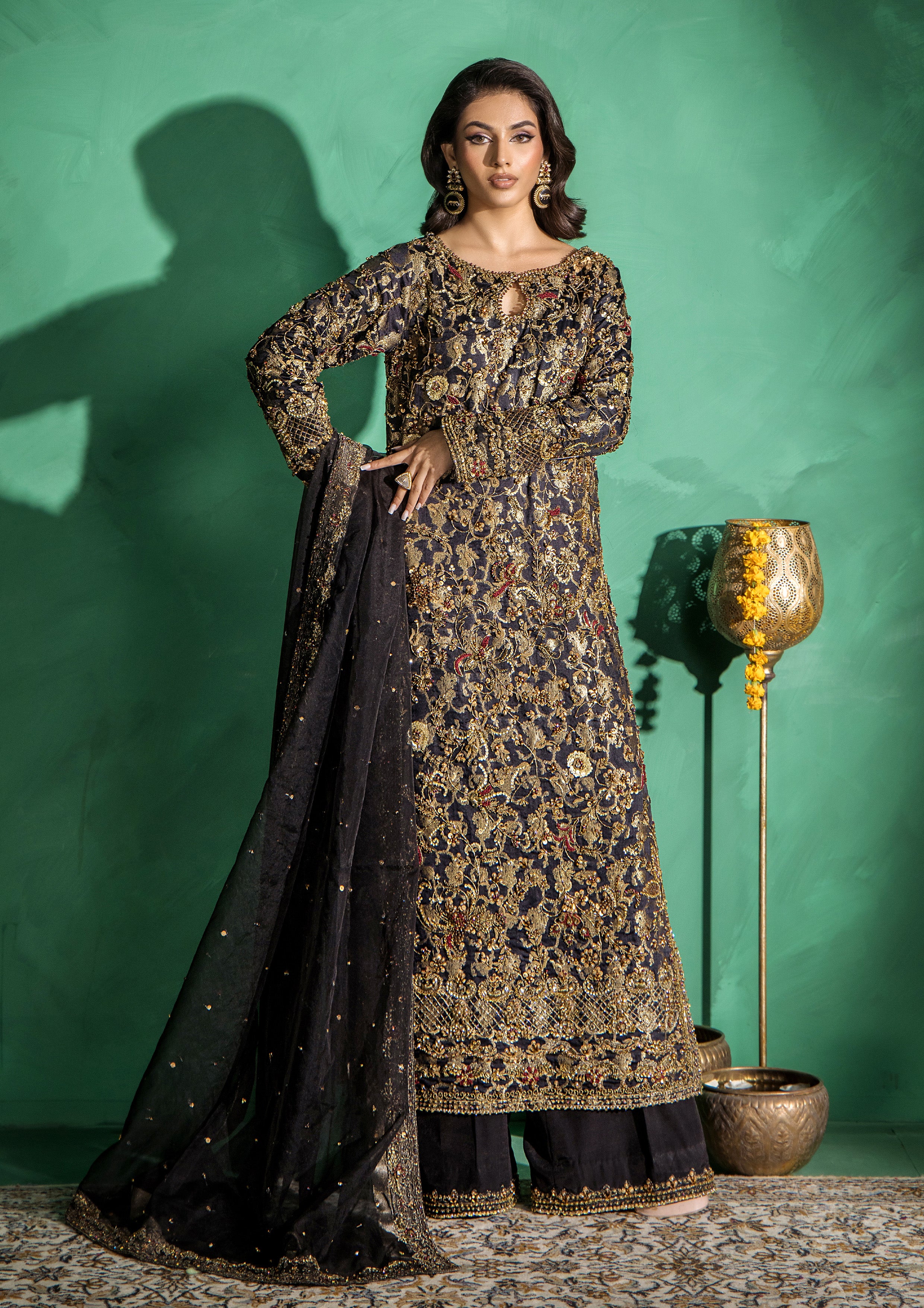 Pakistani Black Embroidered Banarsi & Raw Silk Salwar Kameez (3-Piece) - Image 1