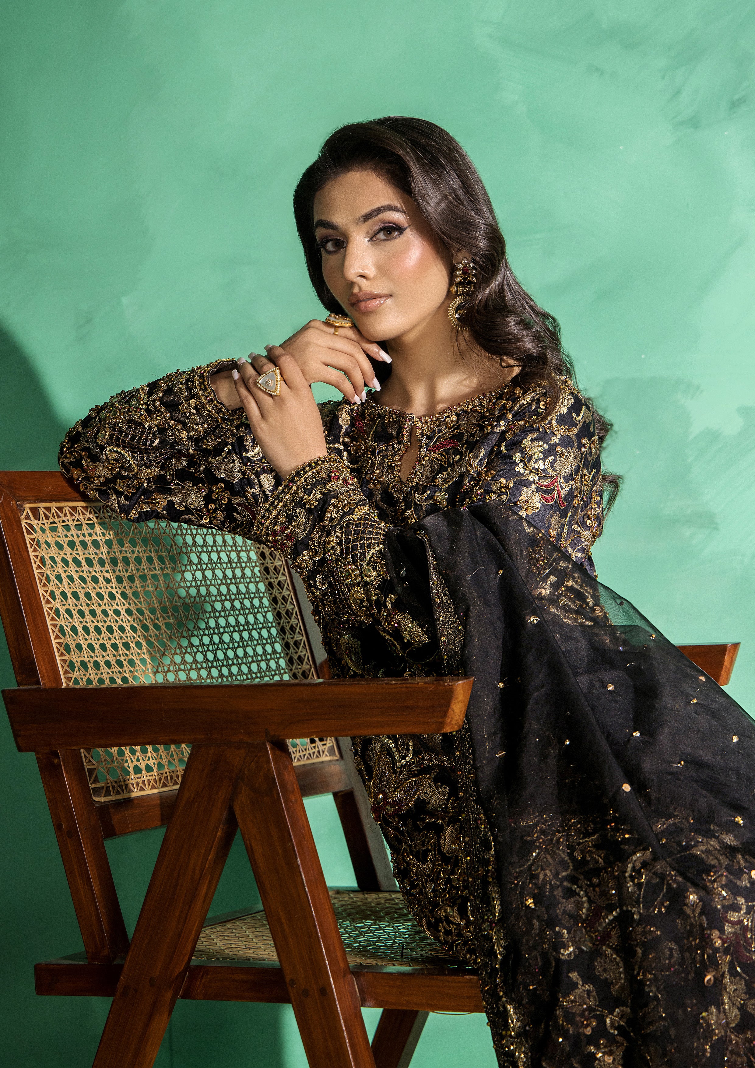 Pakistani Black Embroidered Banarsi & Raw Silk Salwar Kameez (3-Piece) - Image 2