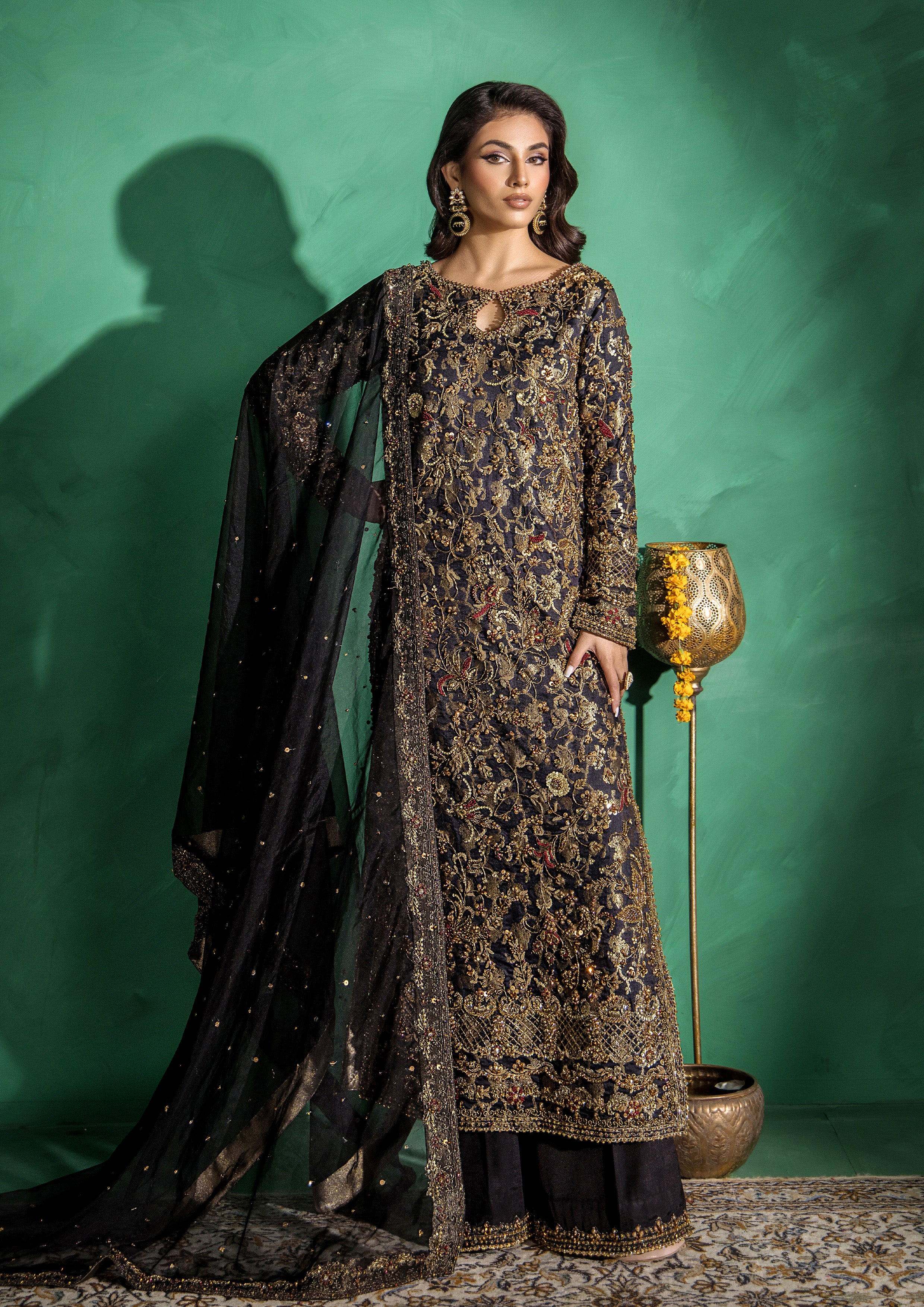 Pakistani Black Embroidered Banarsi & Raw Silk Salwar Kameez (3-Piece) - Image 3