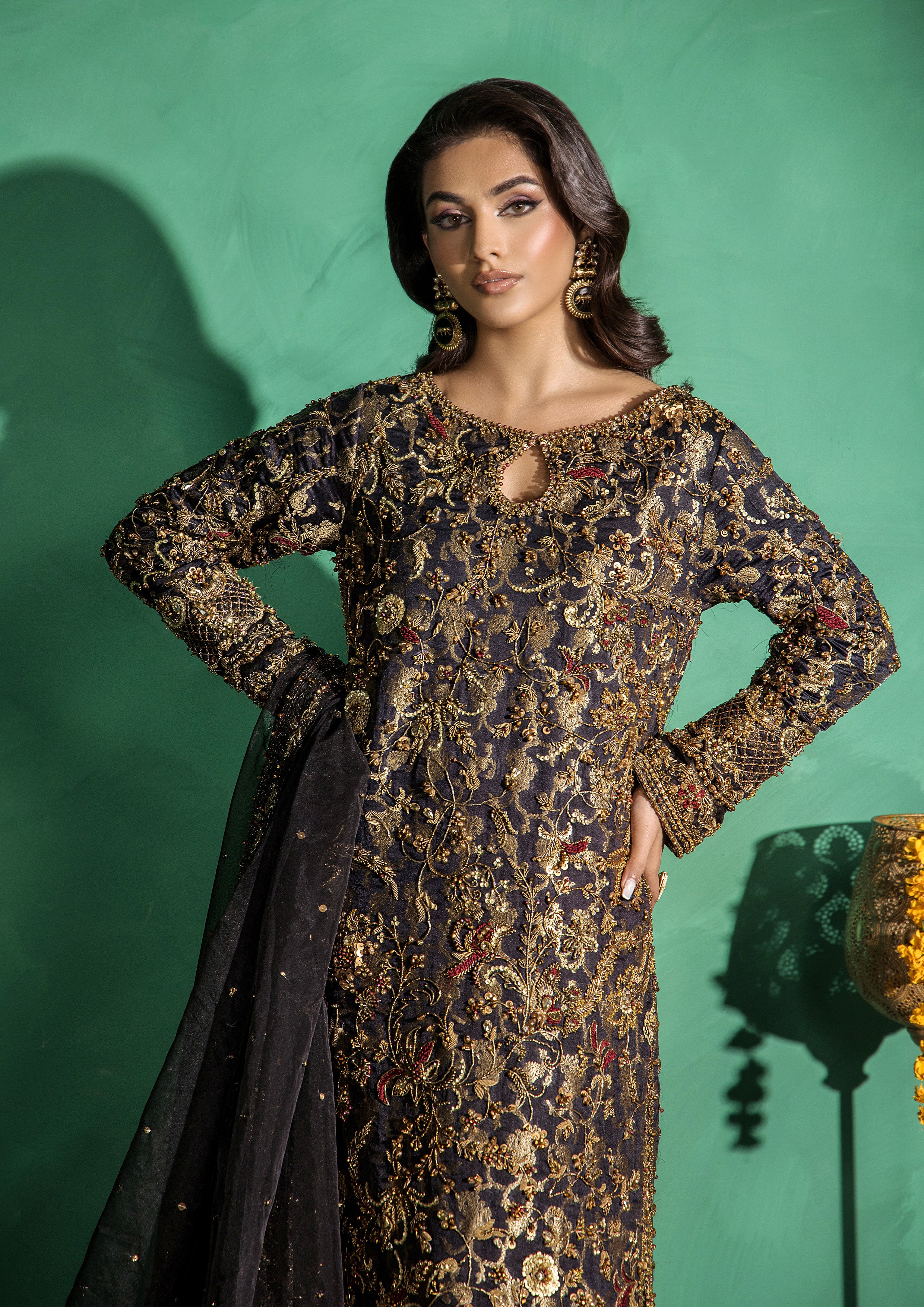 Pakistani Black Embroidered Banarsi & Raw Silk Salwar Kameez (3-Piece) - Image 4