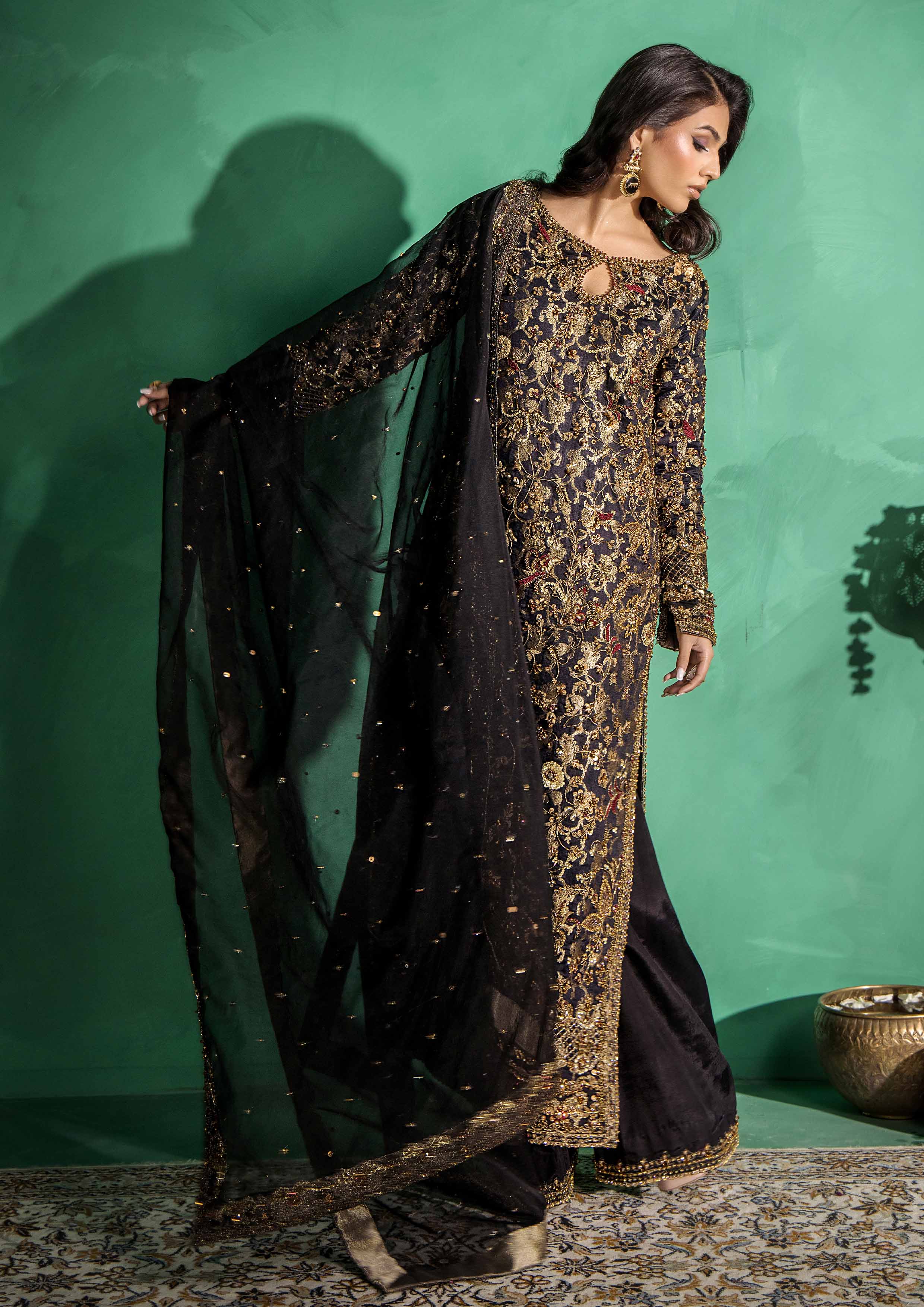 Pakistani Black Embroidered Banarsi & Raw Silk Salwar Kameez (3-Piece) - Image 5