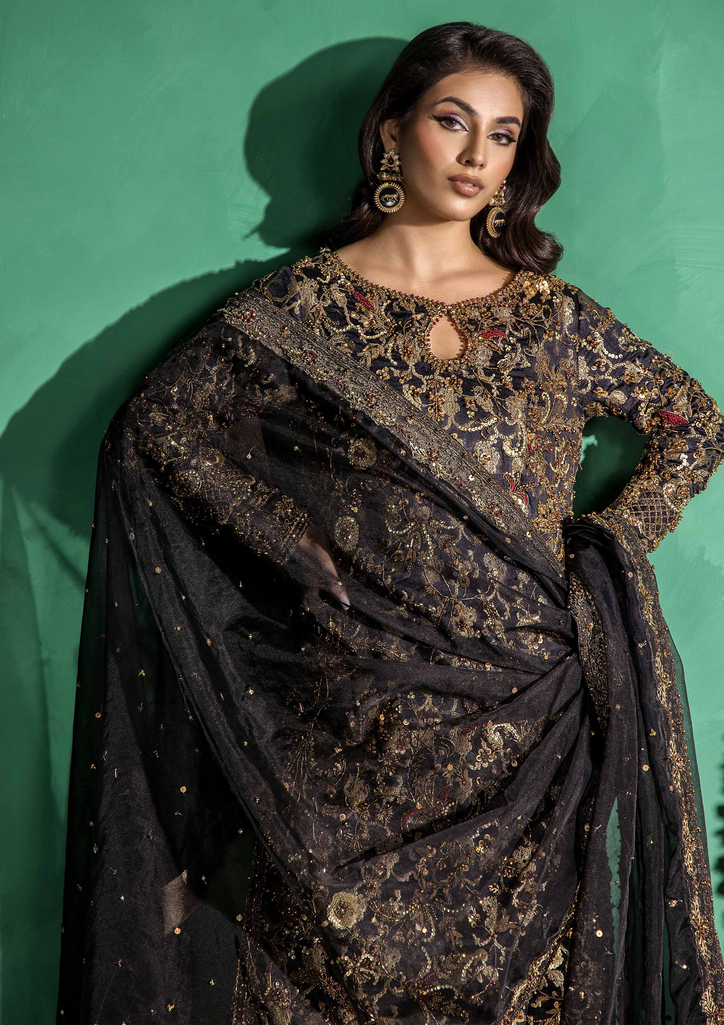 Pakistani Black Embroidered Banarsi & Raw Silk Salwar Kameez (3-Piece) - Image 6