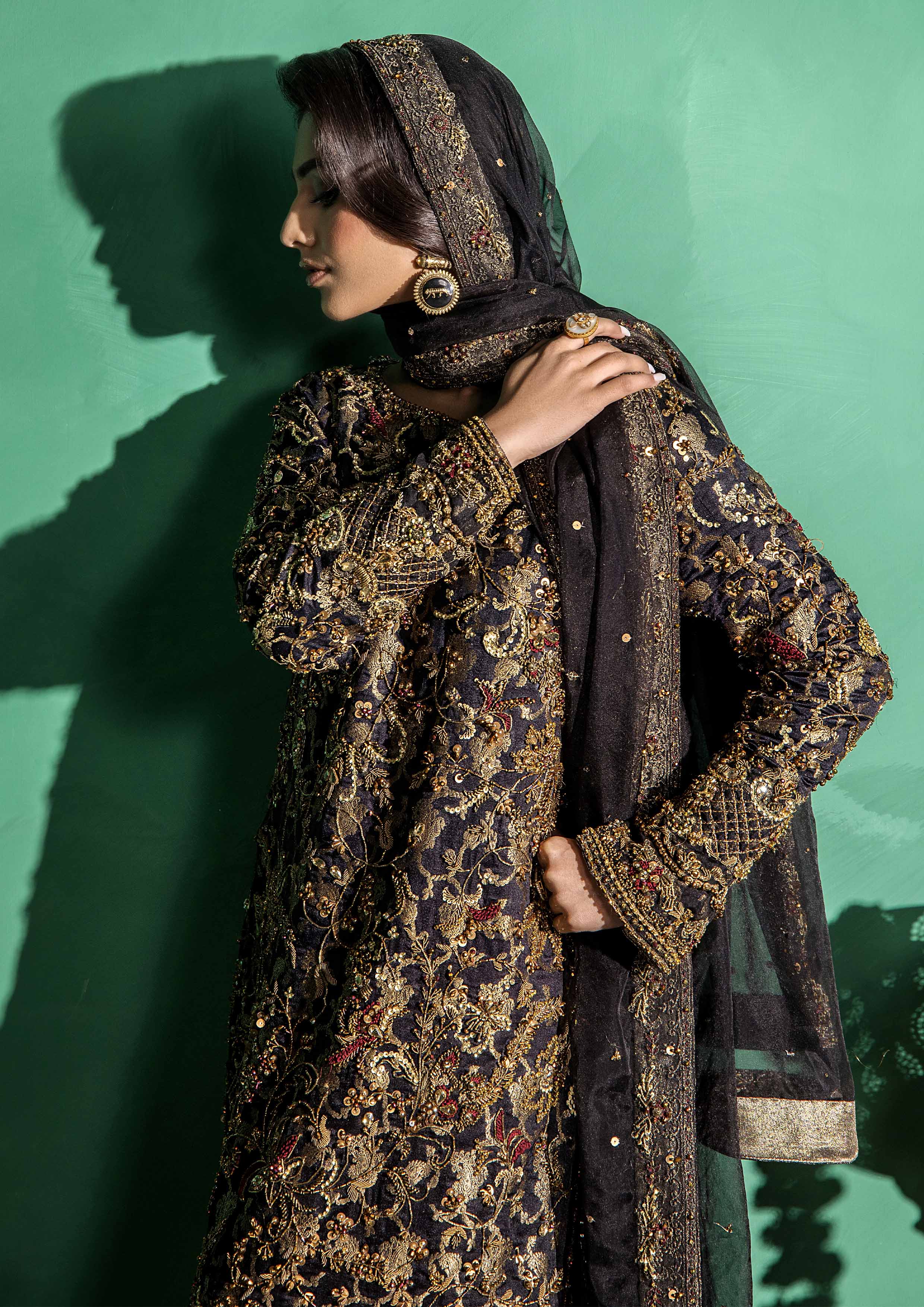 Pakistani Black Embroidered Banarsi & Raw Silk Salwar Kameez (3-Piece) - Image 7