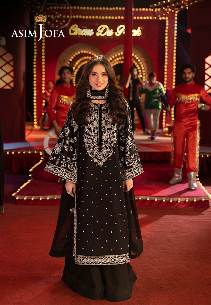 Pakistani Black Embroidered Boski Silk Salwar Kameez (3-Piece) - Image 1