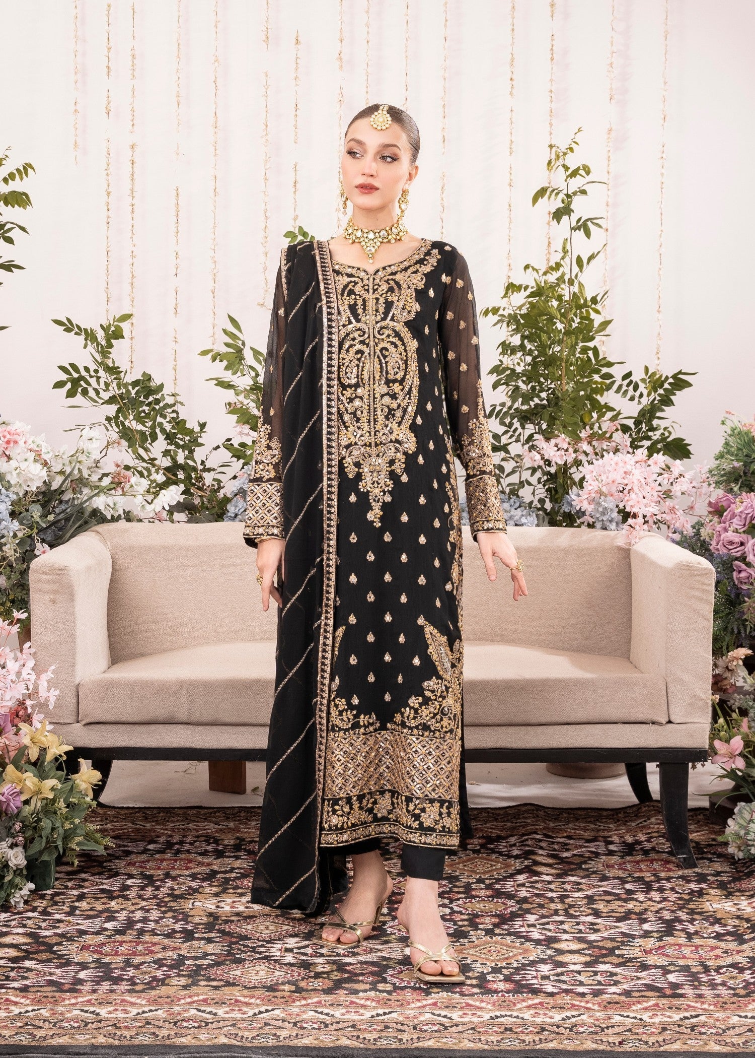 Black Embroidered Chiffon Kurta Set (3-Piece) - Image 1