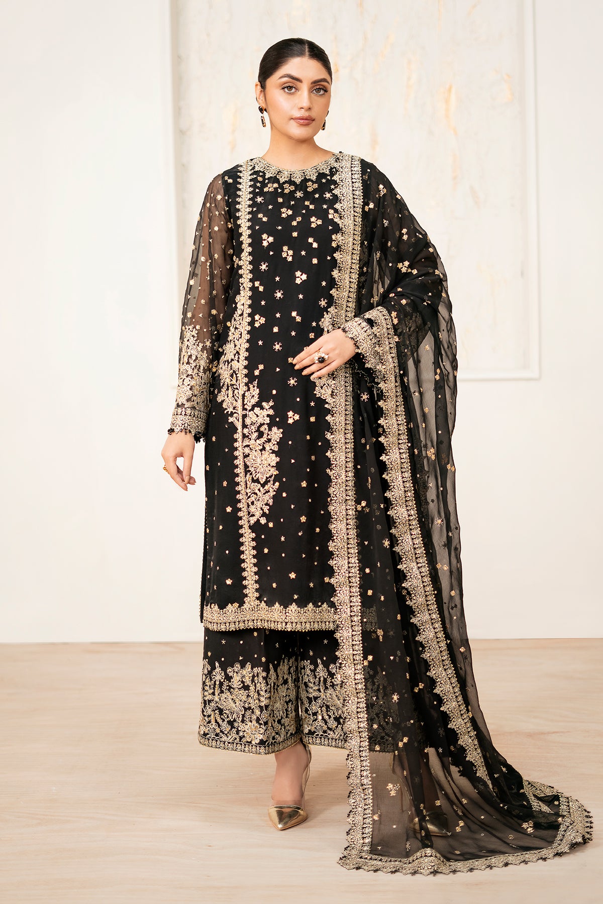 Black Embroidered Chiffon 3-Piece Formal Ensemble - Image 1