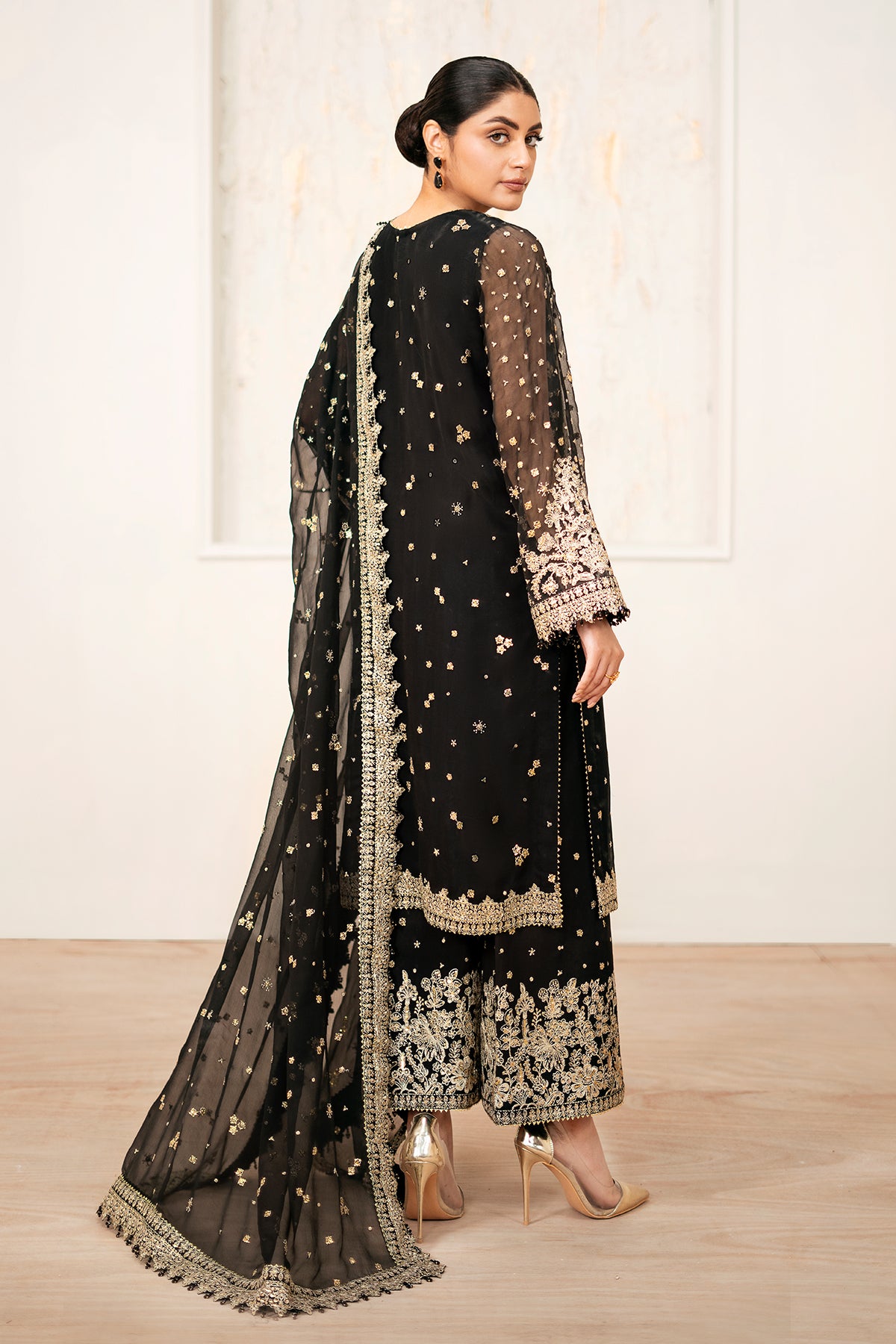 Black Embroidered Chiffon 3-Piece Formal Ensemble - Image 2