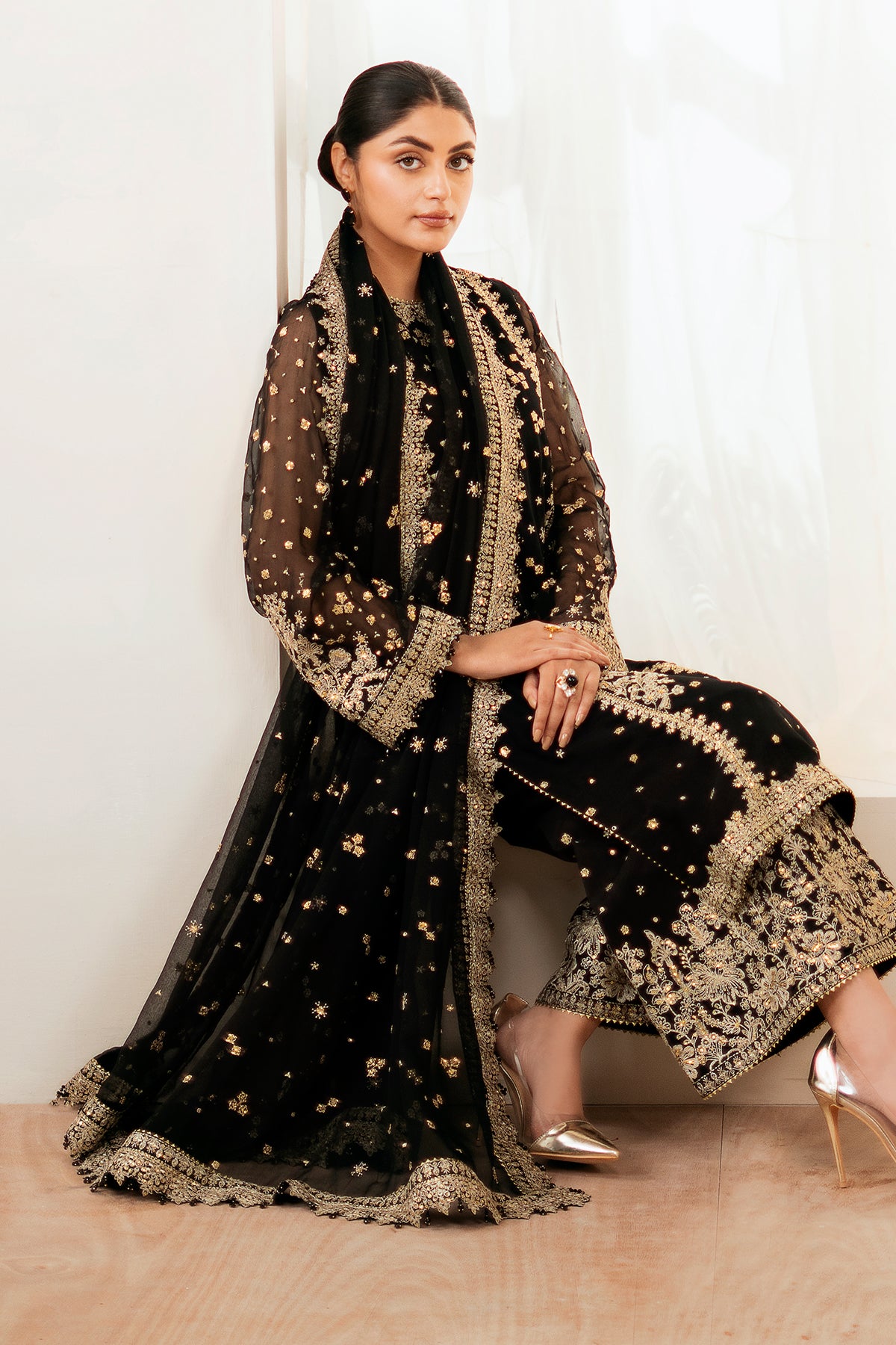 Black Embroidered Chiffon 3-Piece Formal Ensemble - Image 5