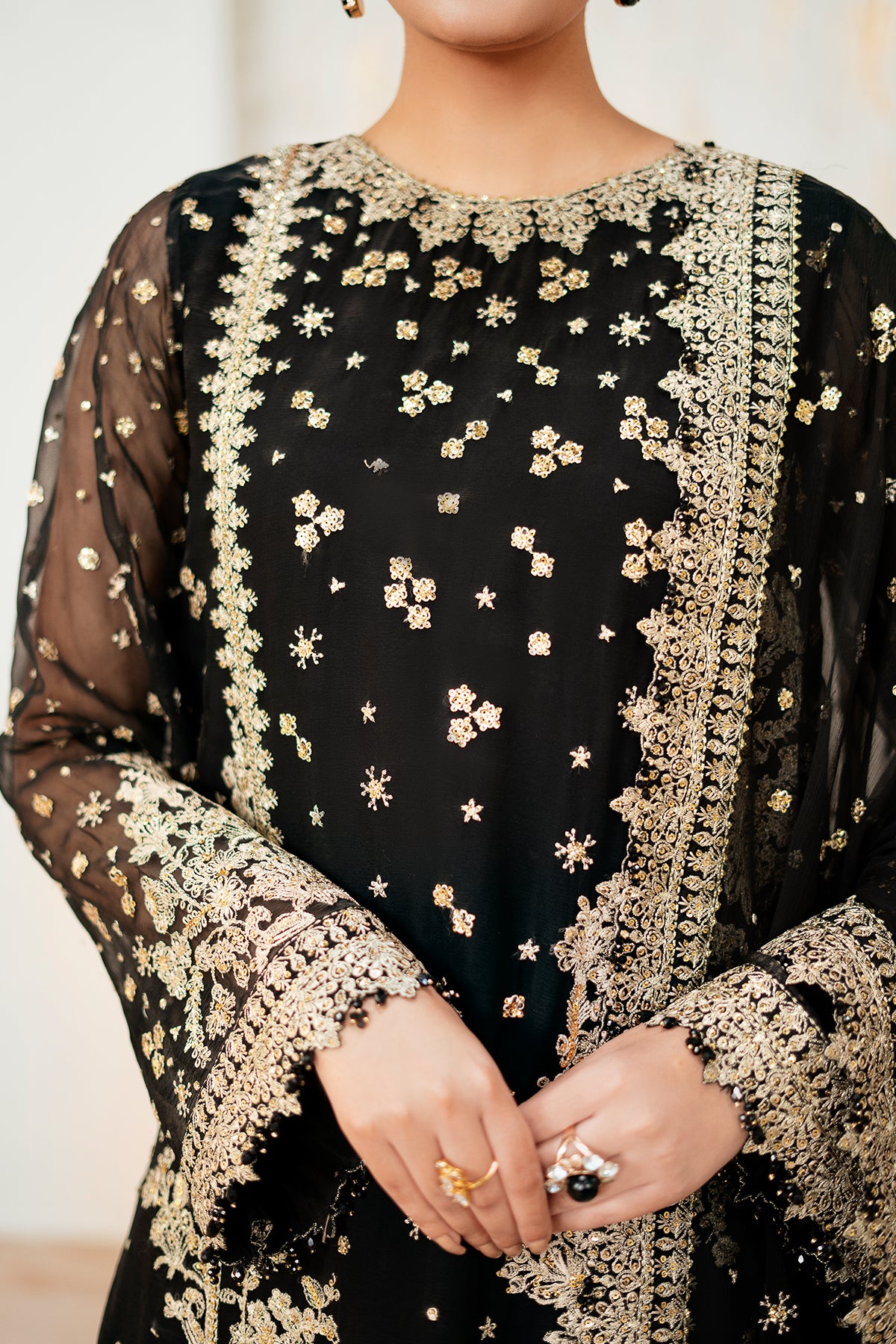 Black Embroidered Chiffon 3-Piece Formal Ensemble - Image 6