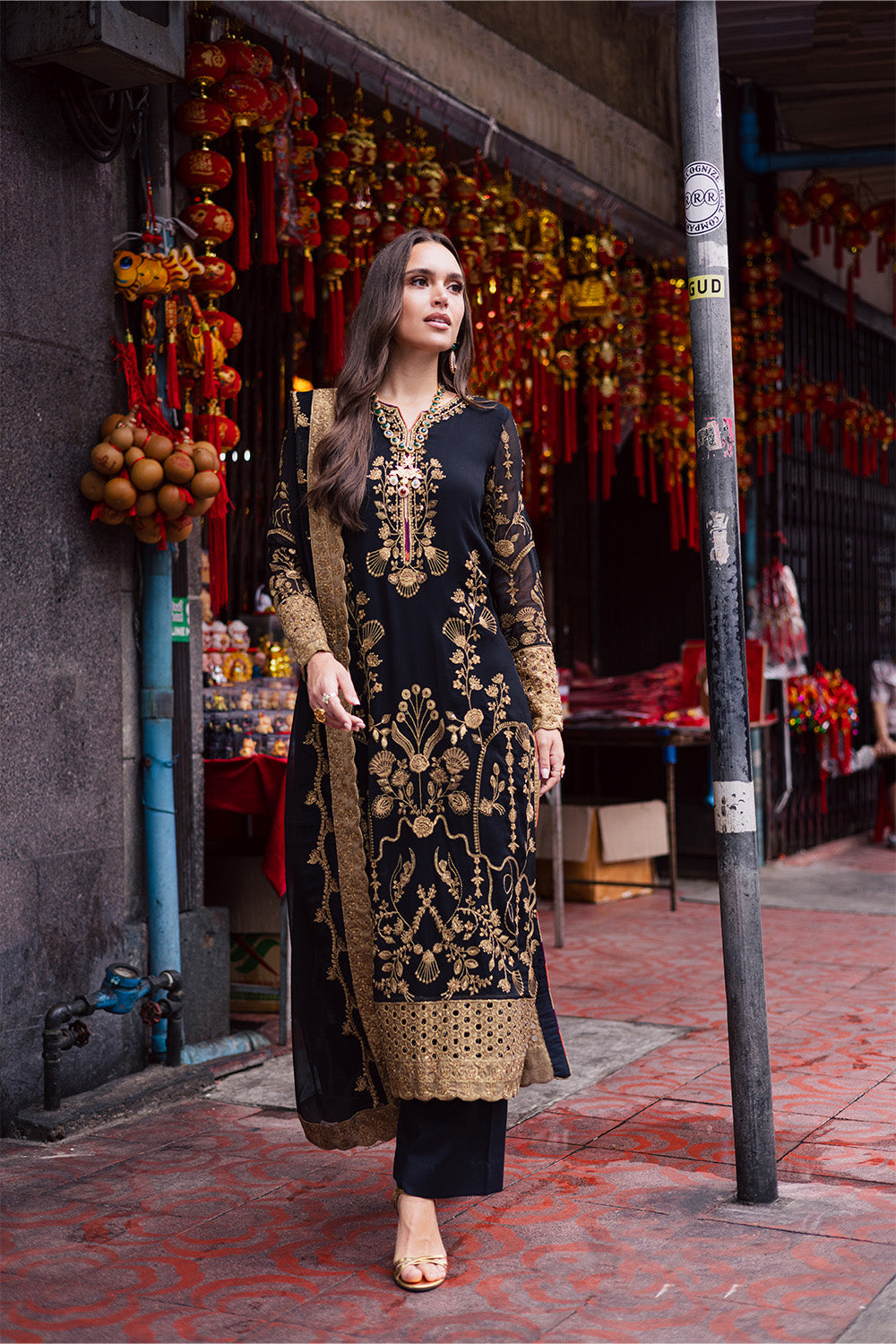 Pakistani Black Embroidered Chiffon & Tissue 3-Piece Suit - Image 1