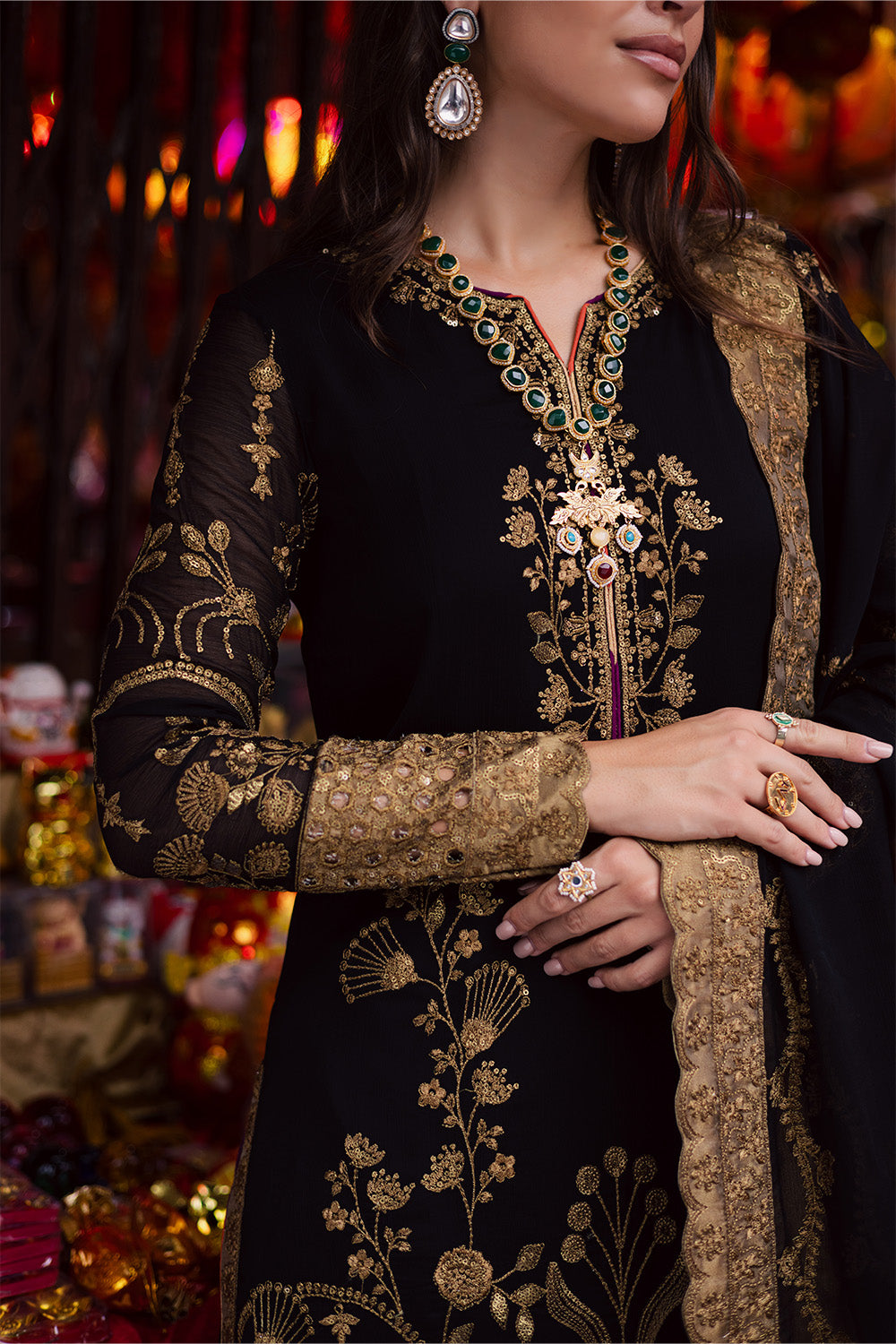 Pakistani Black Embroidered Chiffon & Tissue 3-Piece Suit - Image 2