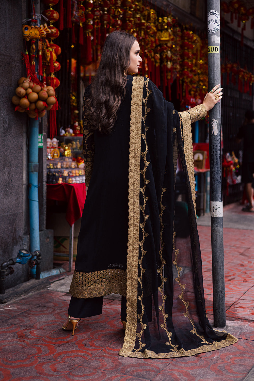 Pakistani Black Embroidered Chiffon & Tissue 3-Piece Suit - Image 3