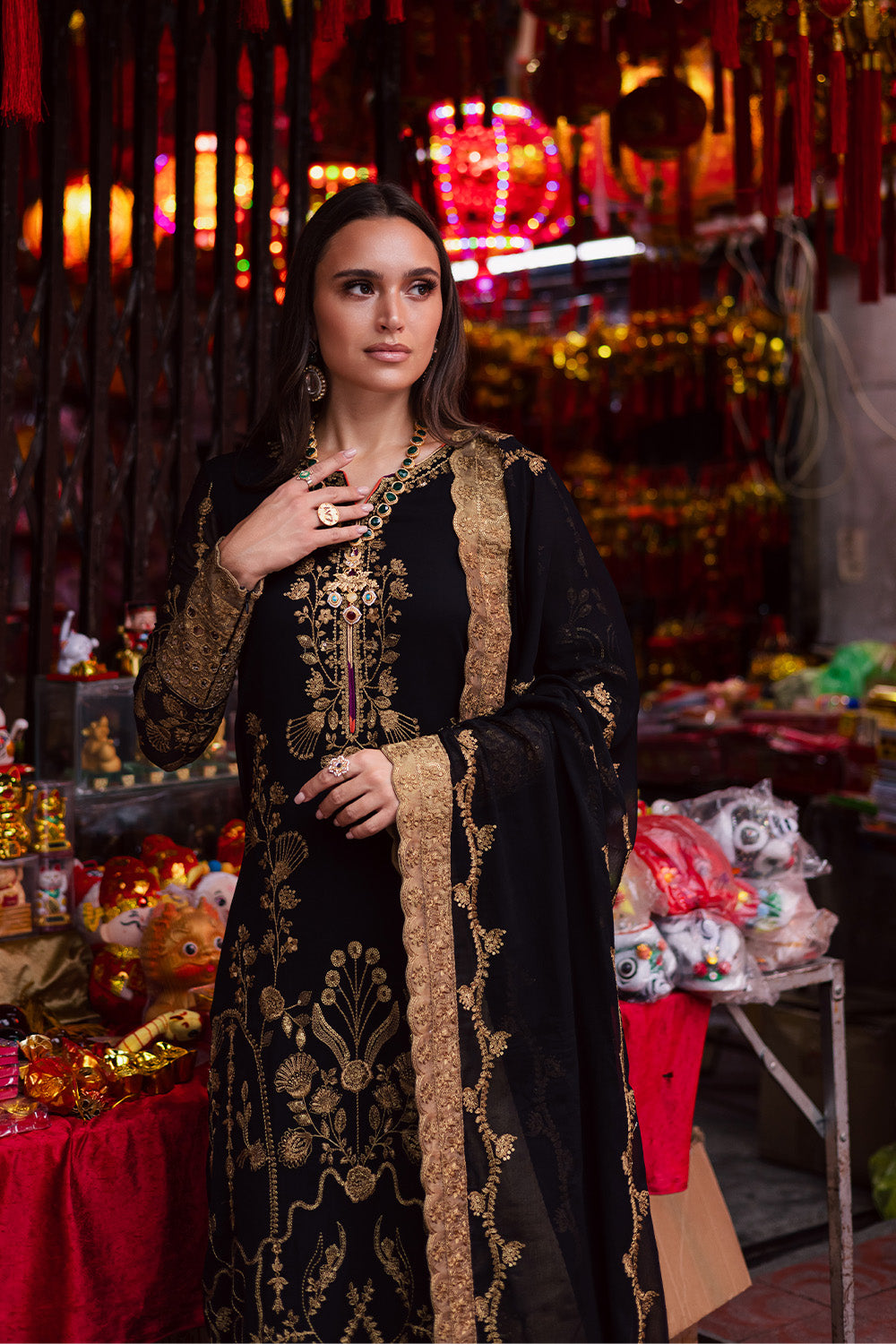 Pakistani Black Embroidered Chiffon & Tissue 3-Piece Suit - Image 4