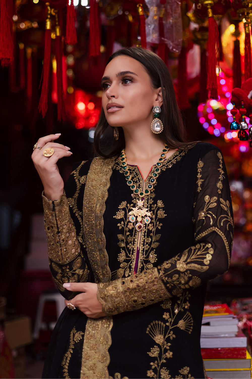 Pakistani Black Embroidered Chiffon & Tissue 3-Piece Suit - Image 5