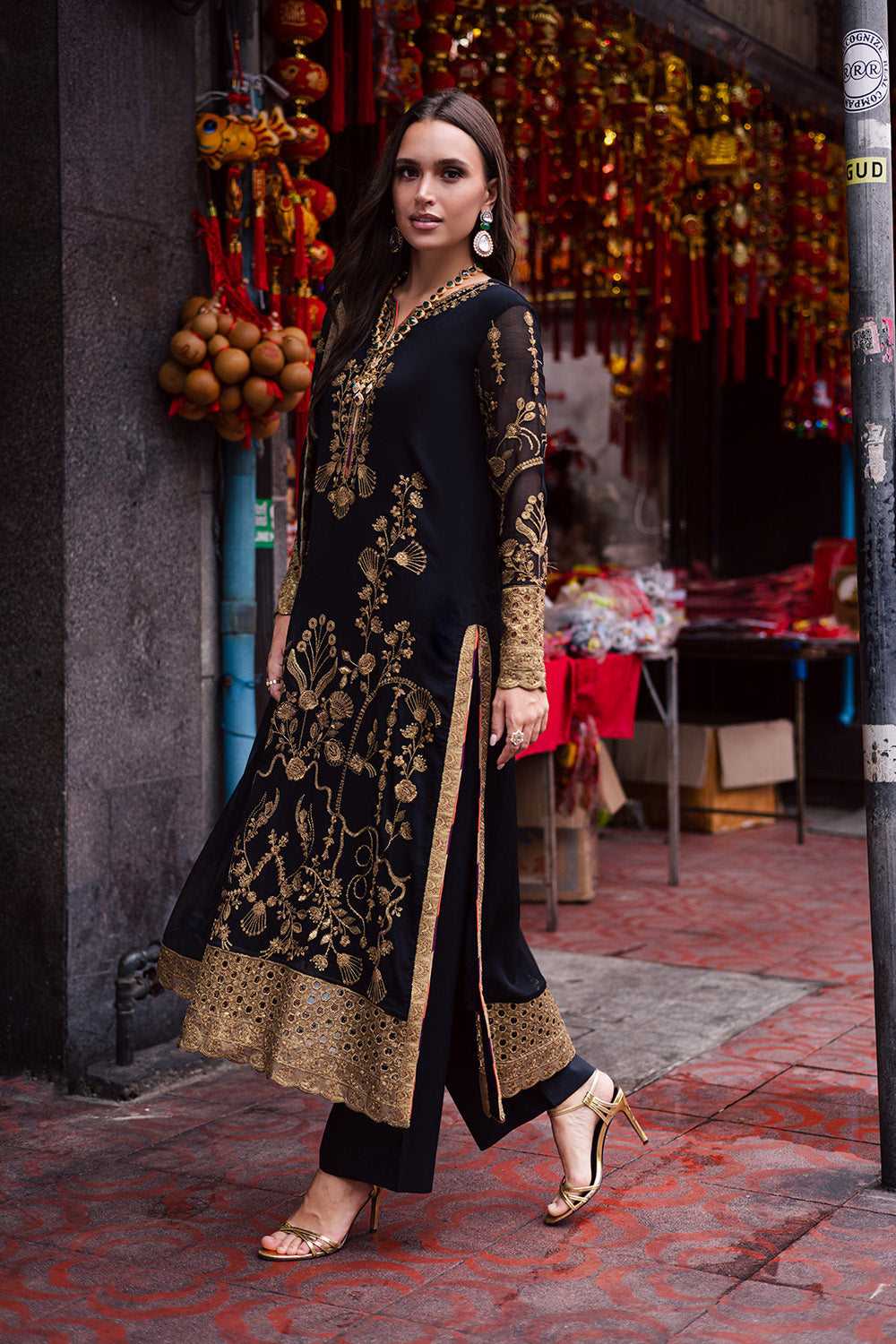 Pakistani Black Embroidered Chiffon & Tissue 3-Piece Suit - Image 6