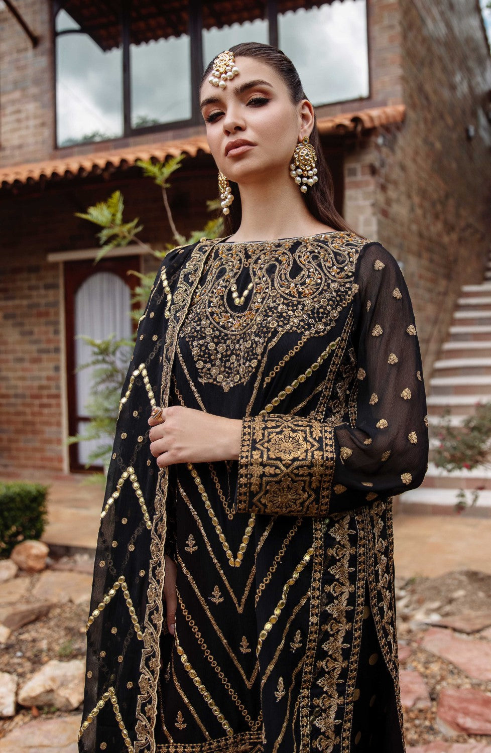 Pakistani Black Embroidered Chiffon & Organza Salwar Kameez (3-Piece) - Image 1