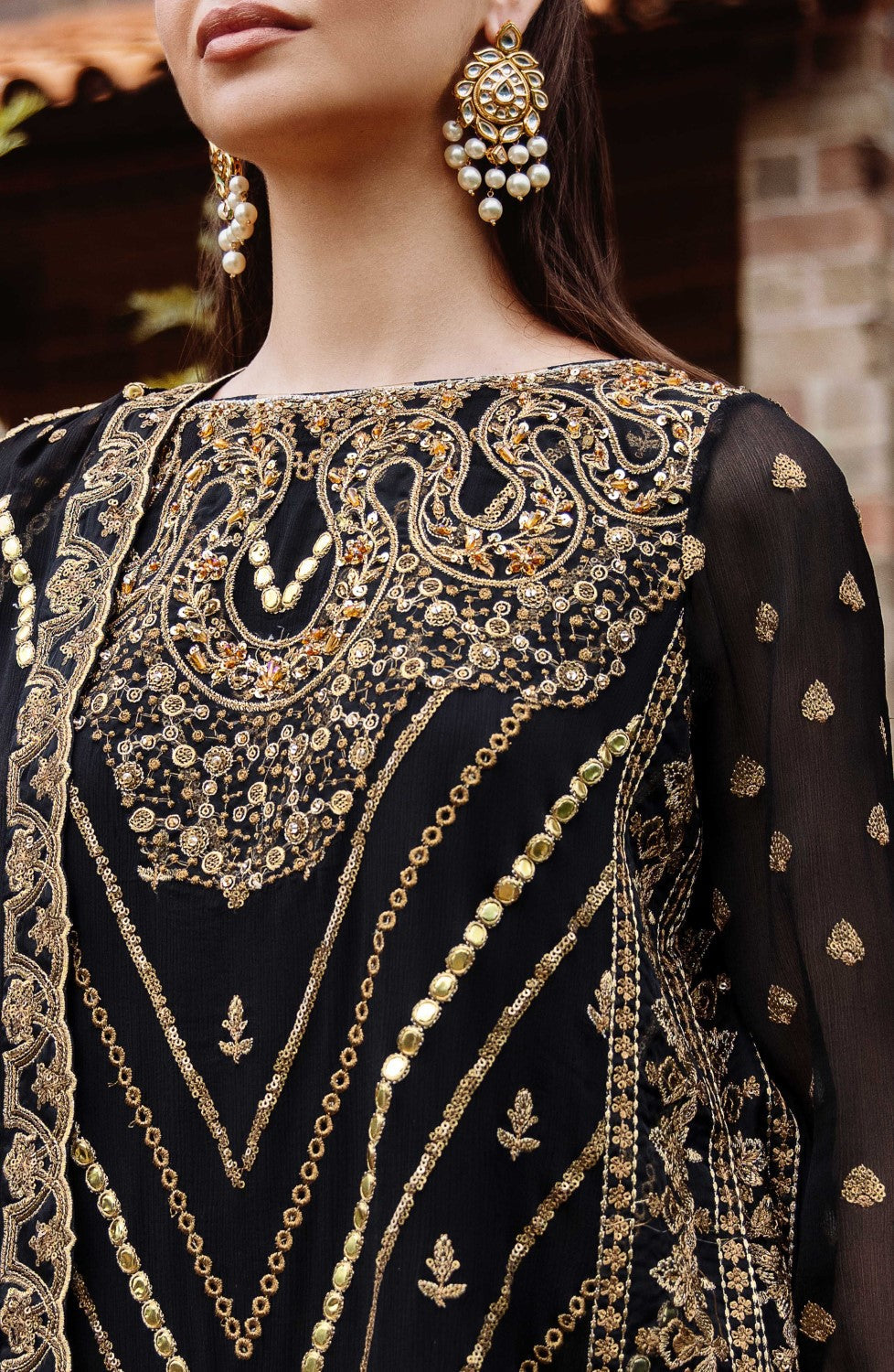 Pakistani Black Embroidered Chiffon & Organza Salwar Kameez (3-Piece) - Image 2