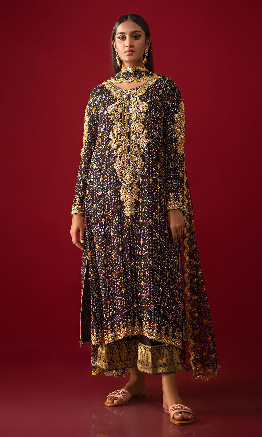 Black Chunri Printed Chiffon Hand-Embellished Salwar Kameez (3-Piece) - Image 1