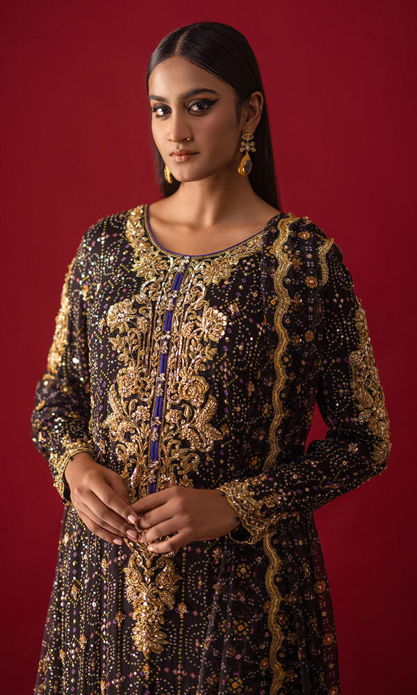 Black Chunri Printed Chiffon Hand-Embellished Salwar Kameez (3-Piece) - Image 3