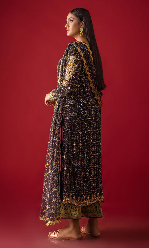 Black Chunri Printed Chiffon Hand-Embellished Salwar Kameez (3-Piece) - Image 4