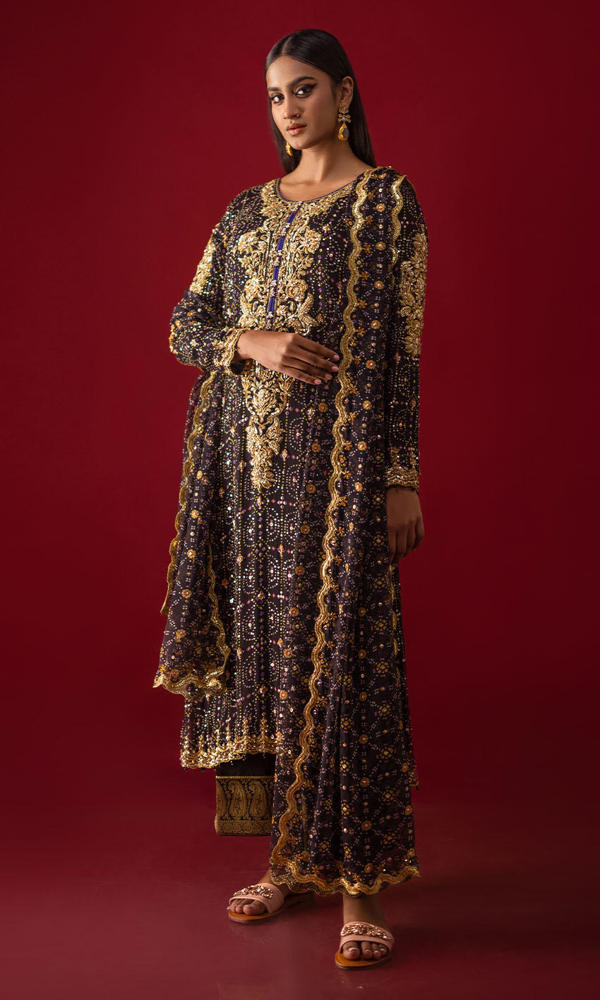 Black Chunri Printed Chiffon Hand-Embellished Salwar Kameez (3-Piece) - Image 5
