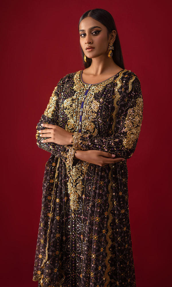 Black Chunri Printed Chiffon Hand-Embellished Salwar Kameez (3-Piece) - Image 7