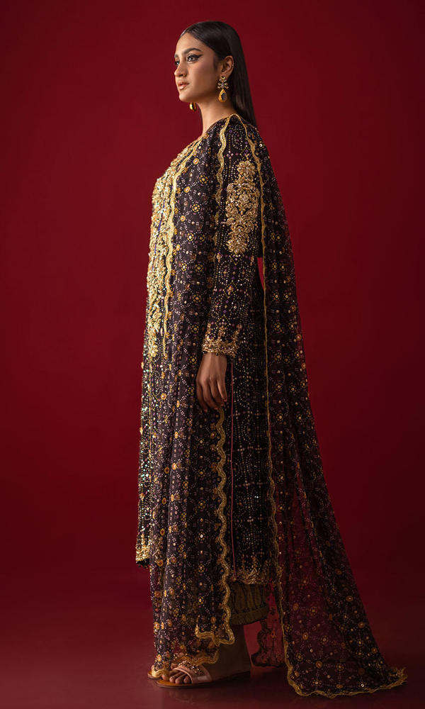 Black Chunri Printed Chiffon Hand-Embellished Salwar Kameez (3-Piece) - Image 9