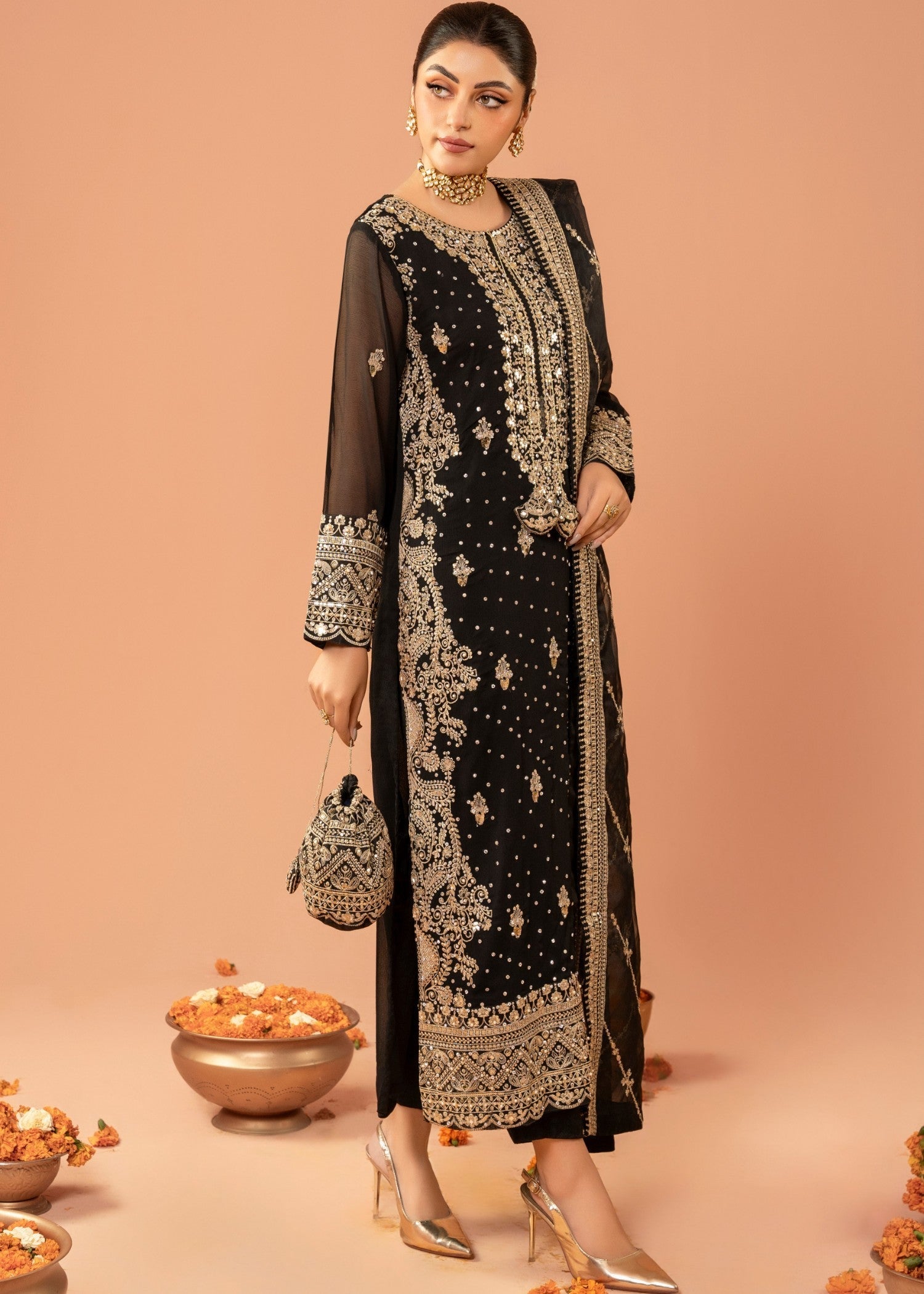 Black Embroidered Chiffon Kurta Set (3-Piece) - Image 2