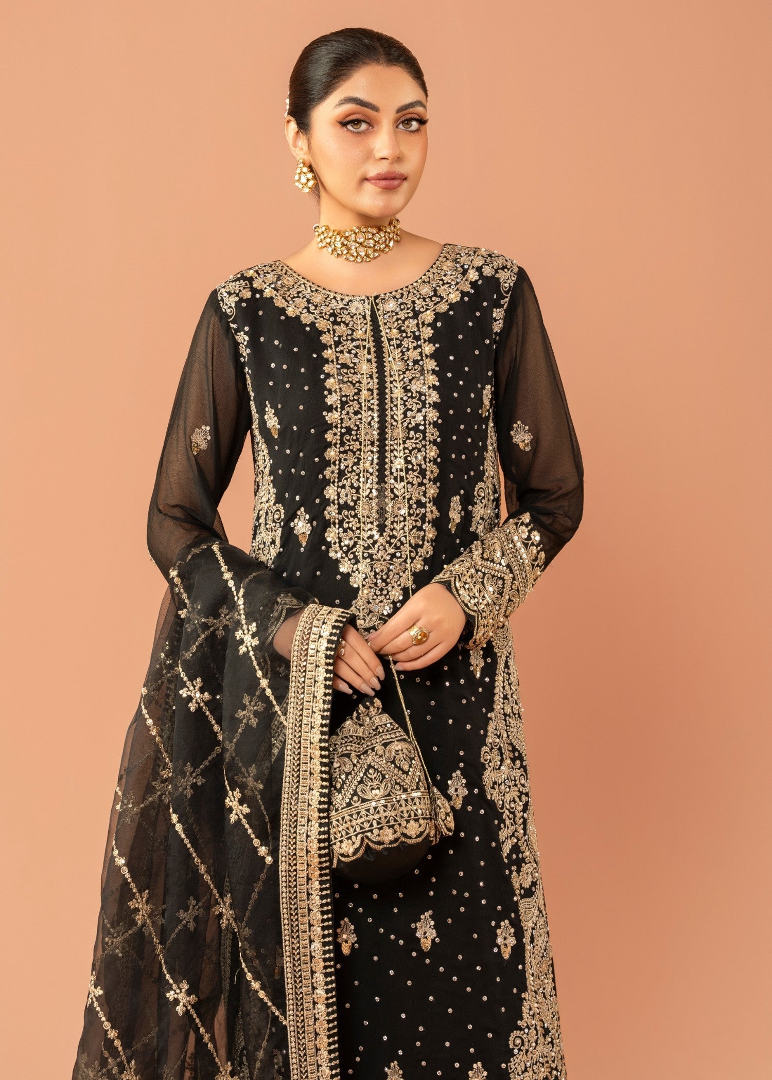 Black Embroidered Chiffon Kurta Set (3-Piece) - Image 4