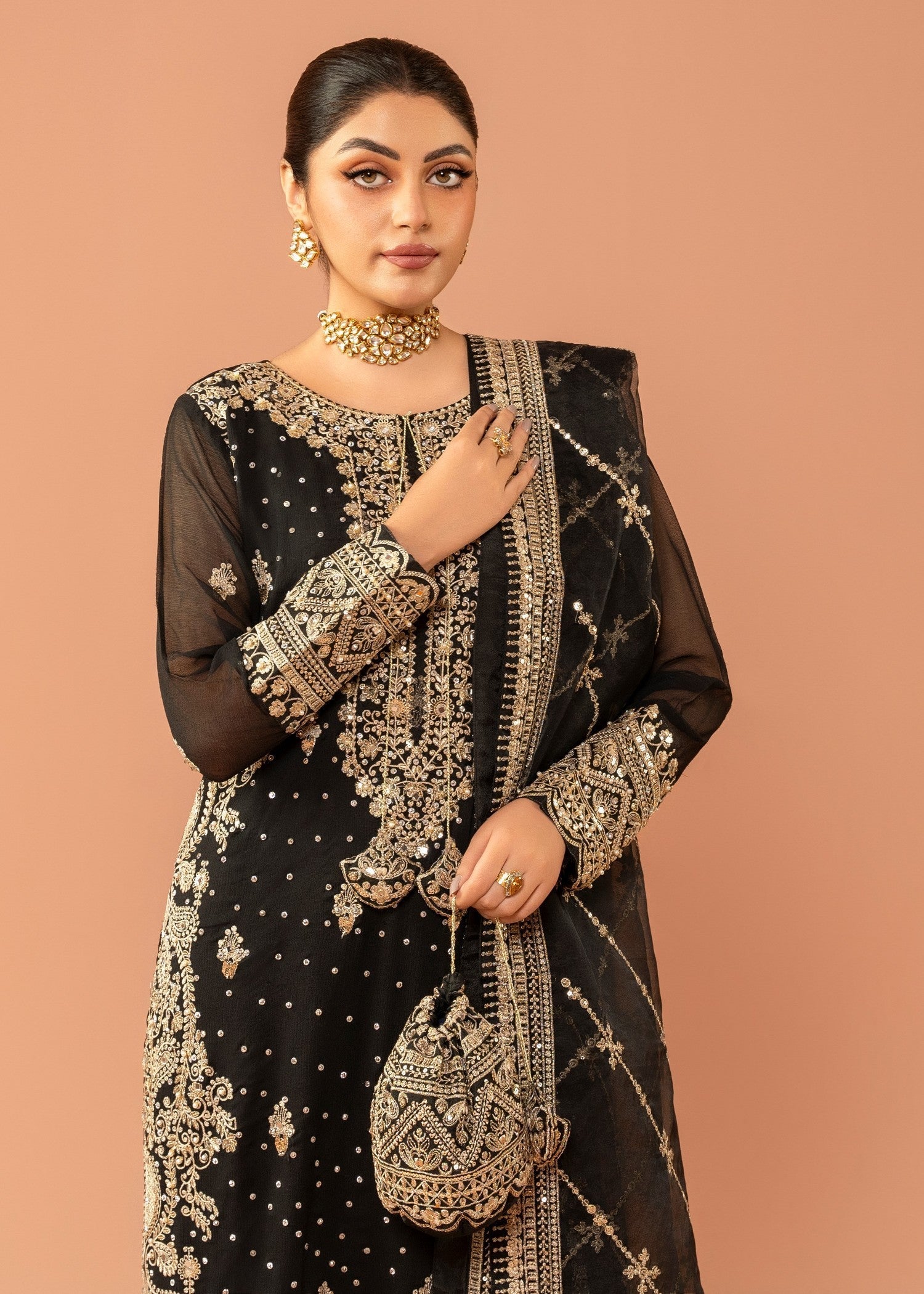 Black Embroidered Chiffon Kurta Set (3-Piece) - Image 5