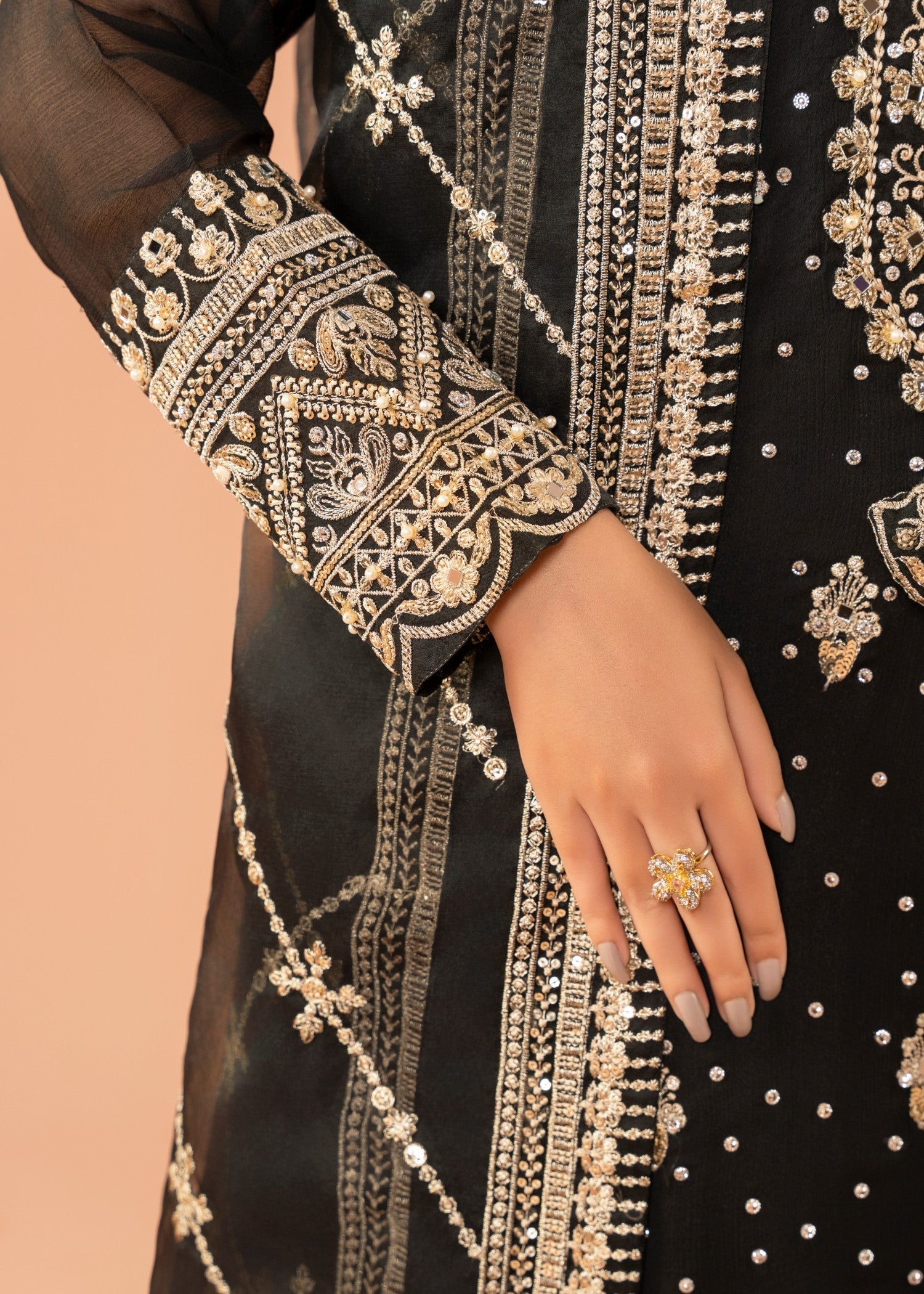 Black Embroidered Chiffon Kurta Set (3-Piece) - Image 6