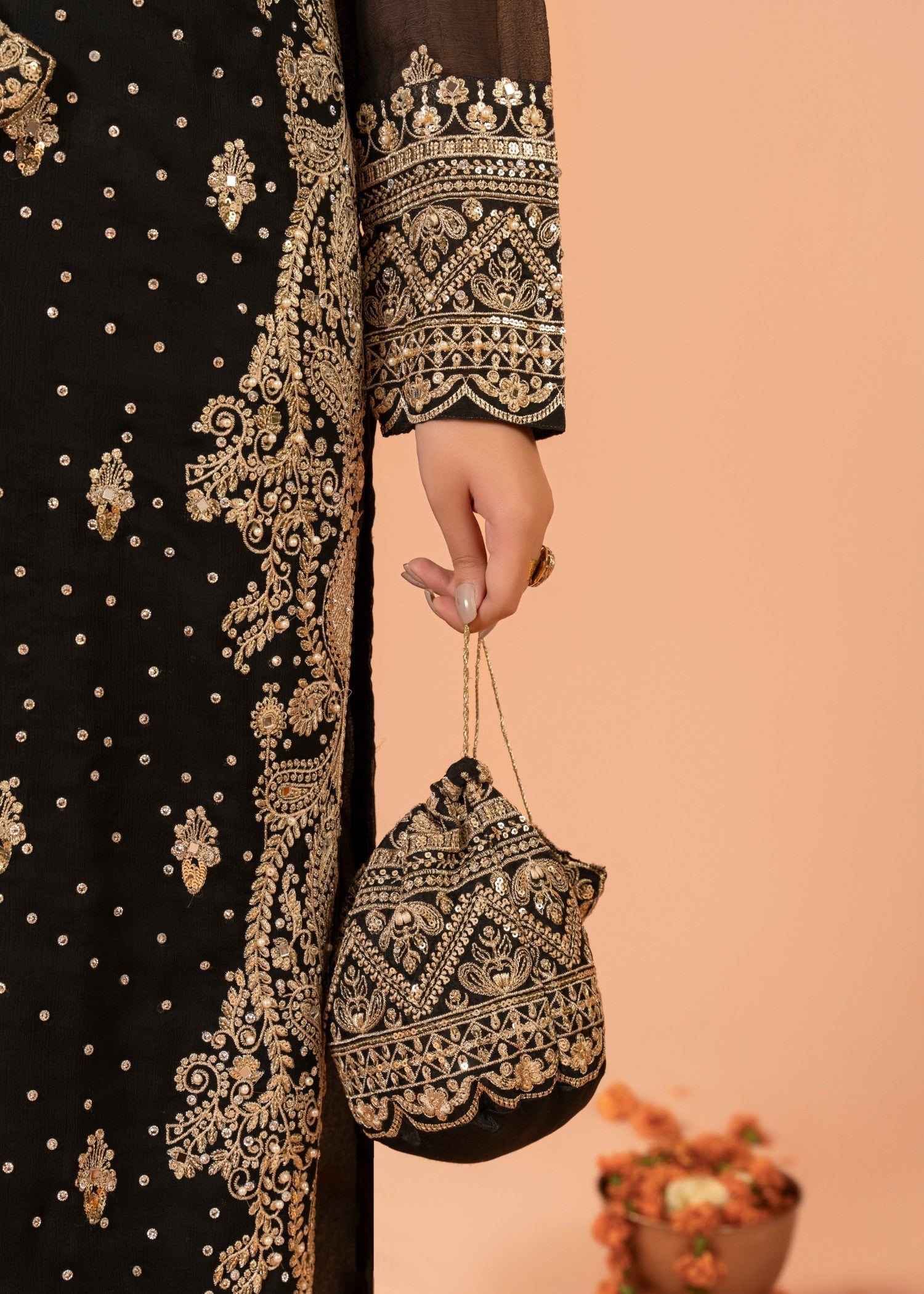 Black Embroidered Chiffon Kurta Set (3-Piece) - Image 7