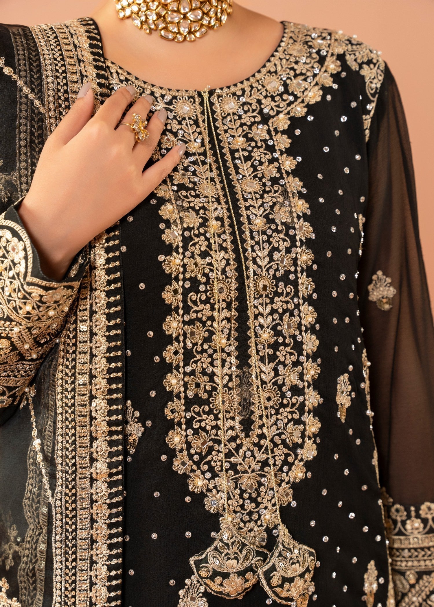Black Embroidered Chiffon Kurta Set (3-Piece) - Image 8