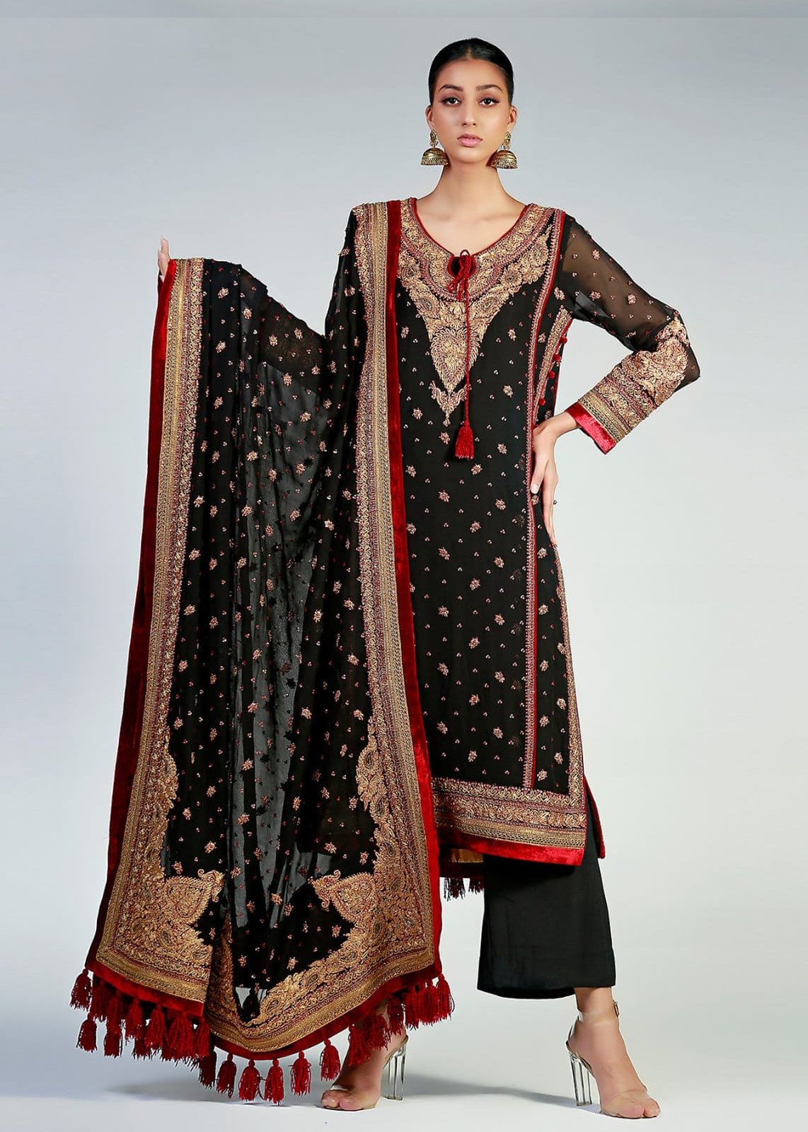 Black Marori Embroidered Chiffon Salwar Kameez (3-Piece) - Image 1
