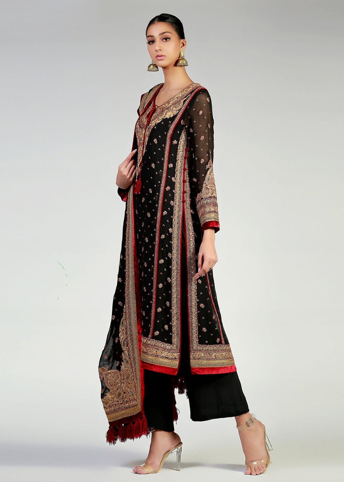 Black Marori Embroidered Chiffon Salwar Kameez (3-Piece) - Image 2